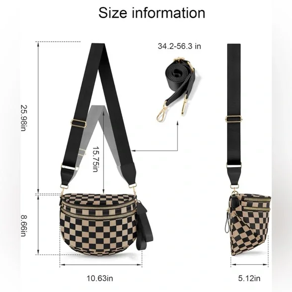🖤🤎Black Tan Rose Gold Checkerboard Bum Bag Crossbody Sling Bag, Wide Strap, NWOT - Picture 4 of 10